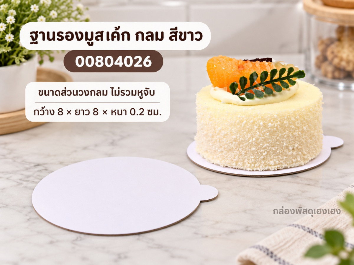 ฐานรองมูสเค้ก กลม สีขาว ขนาดส่วนวงกลม ไม่รวมหูจับ 8x8x0.2 ซม.