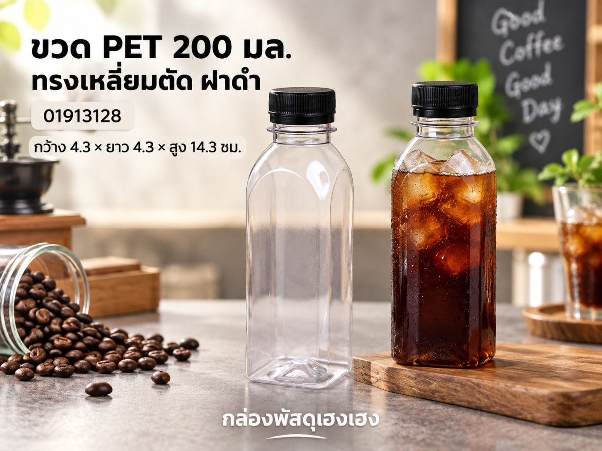 ขวดพลาสติก PET 200 มล. ทรงเหลี่ยมตัด พร้อมฝาดำ 4.3x4.3x14.3 ซม.