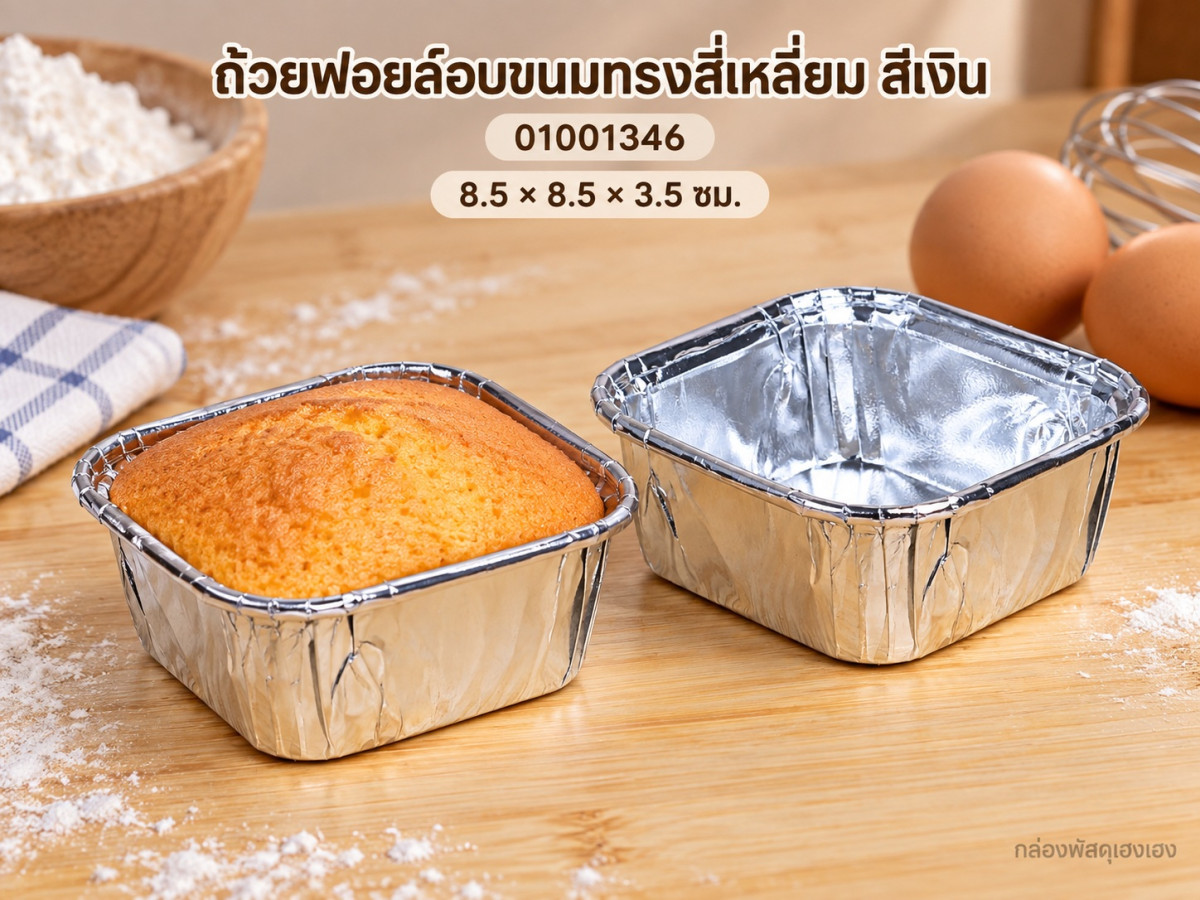 ถ้วยฟอยล์อบขนมทรงสี่เหลี่ยม สีเงิน 8.5x8.5x3.5 ซม.