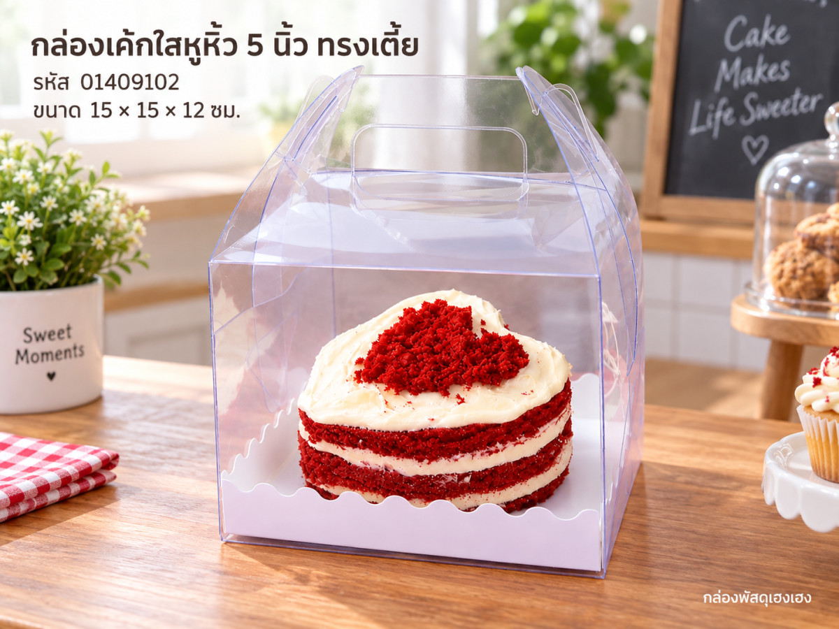 กล่องเค้กพลาสติกใสหูหิ้ว ทรงเตี้ย ขนาด 5 นิ้ว (15x15x12 ซม.)
