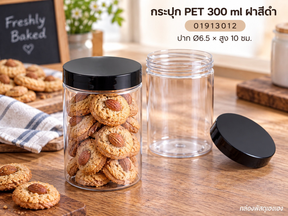 กระปุก PET 300 ml ฝาสีดำ 6.5x6.5x10 ซม.