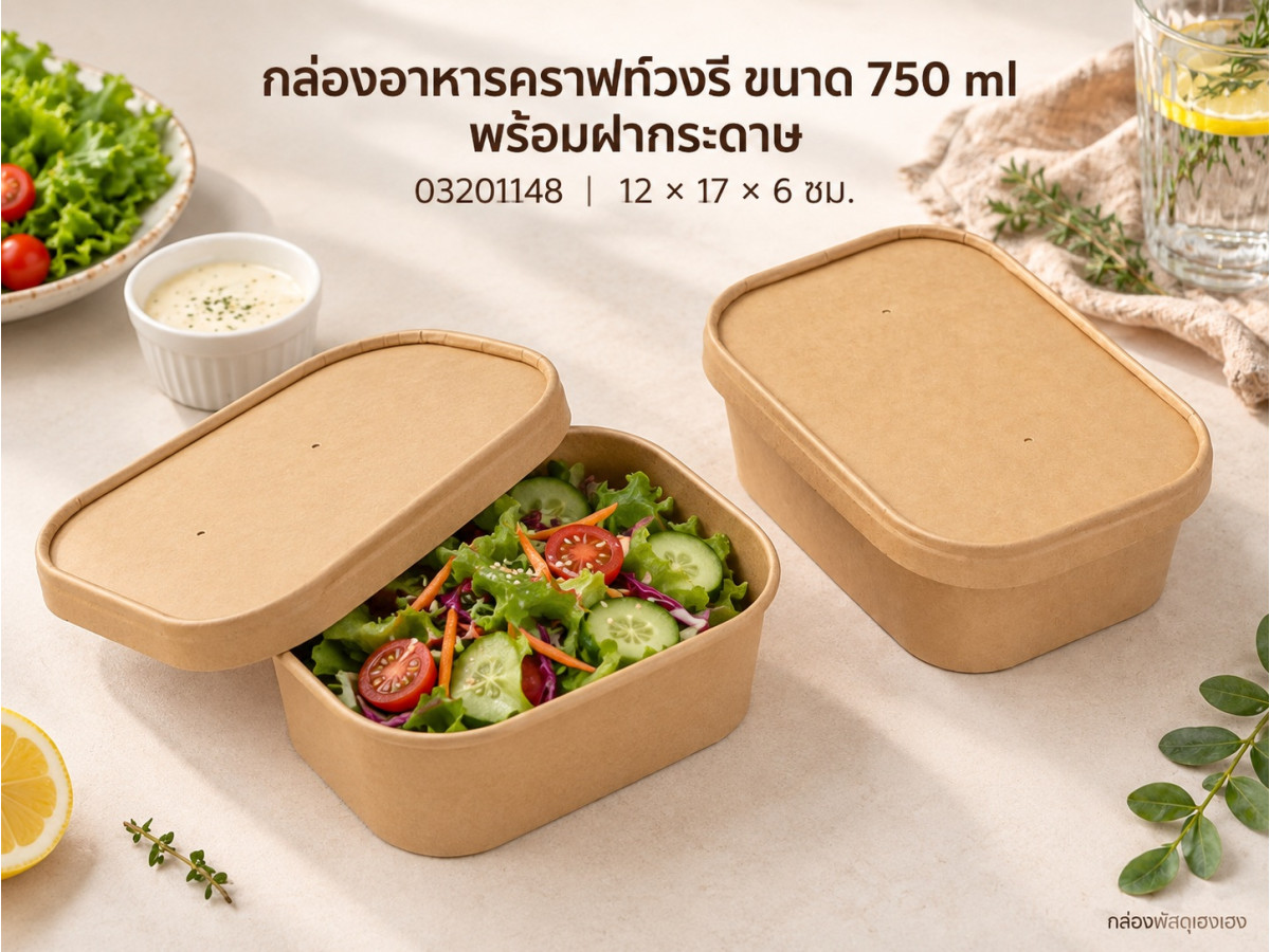 กล่องอาหารคราฟท์วงรี ขนาด 750 ml พร้อมฝากระดาษ 12x17x6 ซม.