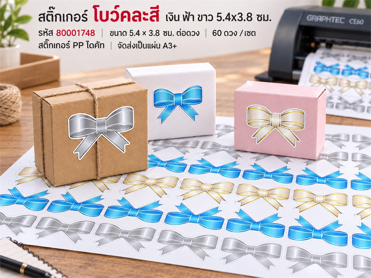 สติ๊กเกอร์ โบว์คละสี เงิน ฟ้า ขาว 5.4x3.8 ซม.