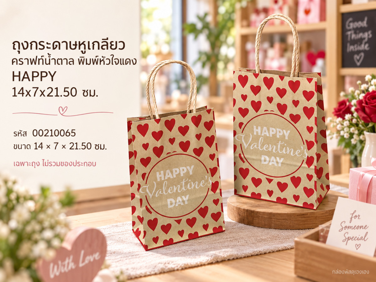 ถุงกระดาษหูเกลียวคราฟท์น้ำตาล พิมพ์หัวใจแดง HAPPY 14x7x21.50 ซม.