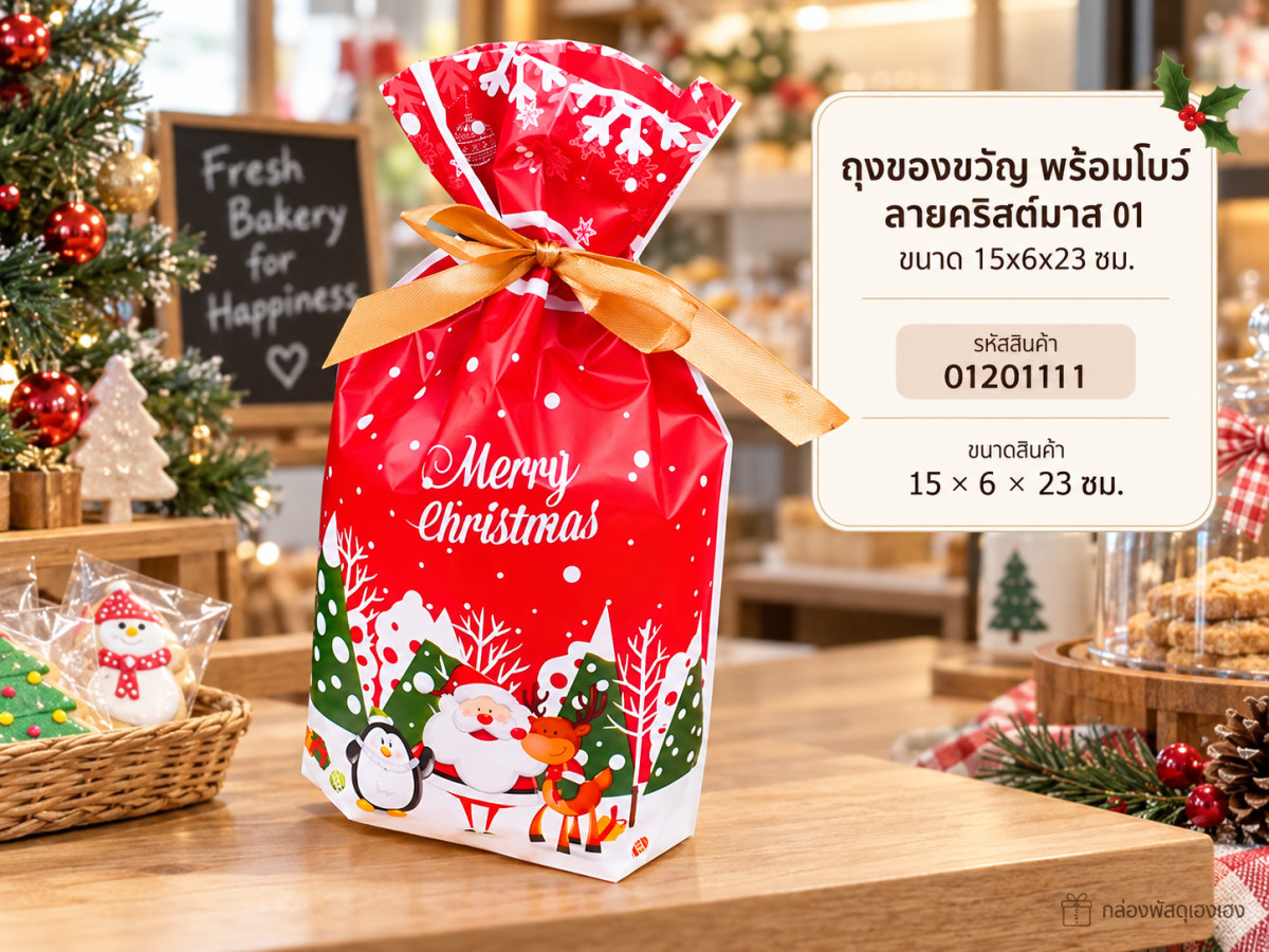 ถุงของขวัญ พร้อมโบว์ ลายคริสต์มาส 01 ขนาด 15x6x23 ซม.