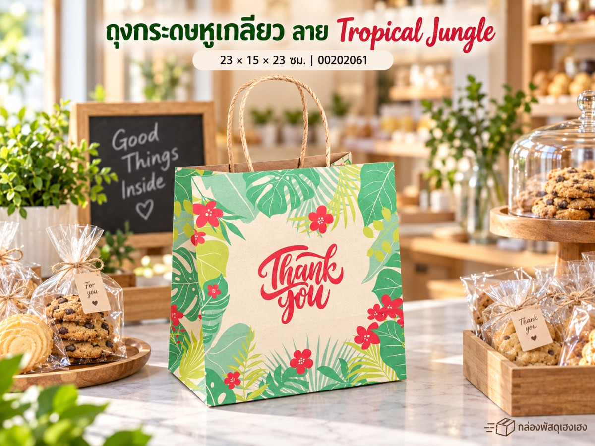 ถุงกระดาษหูเกลียว ลาย Tropical Jungle 23x15x23 ซม.