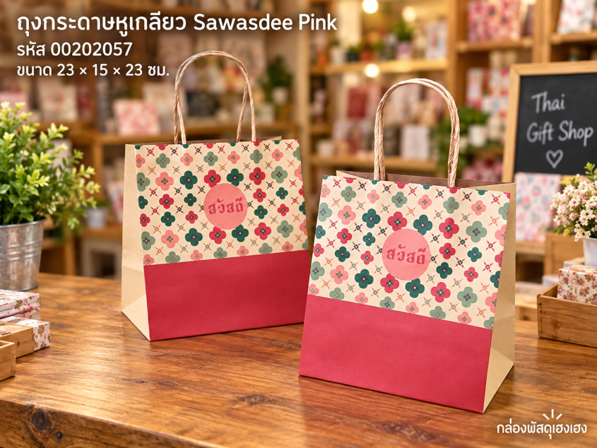 ถุงกระดาษหูเกลียว ลาย Sawasdee Pink 23x15x23 ซม.