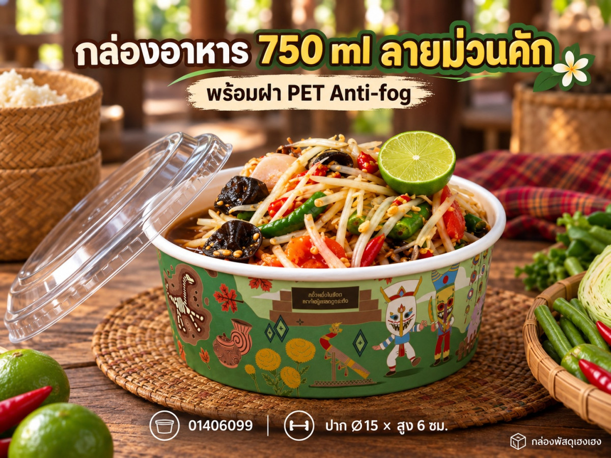 กล่องอาหารวงกลมสีขาว 750 ml พร้อมฝา PET Anti-fog ลายม่วนคัก 15x15x6 ซม.