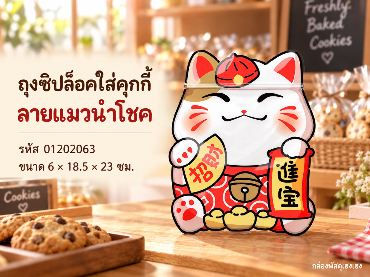 ถุงซิปล็อคใส่คุกกี้ ลาย แมวนำโชค 6x18.5x23 ซม.