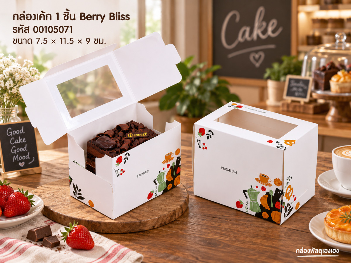 กล่องเค้ก 1 ชิ้น ลาย Berry Bliss กว้าง 7.5 x ยาว11.5 x สูง 9 ซม.