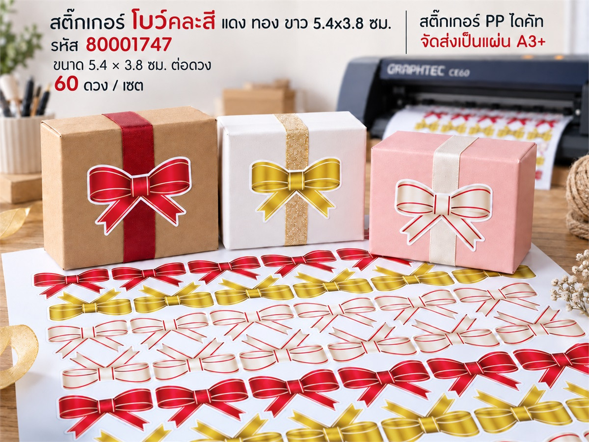 สติ๊กเกอร์ โบว์คละสี แดง ทอง ขาว 5.4x3.8 ซม.