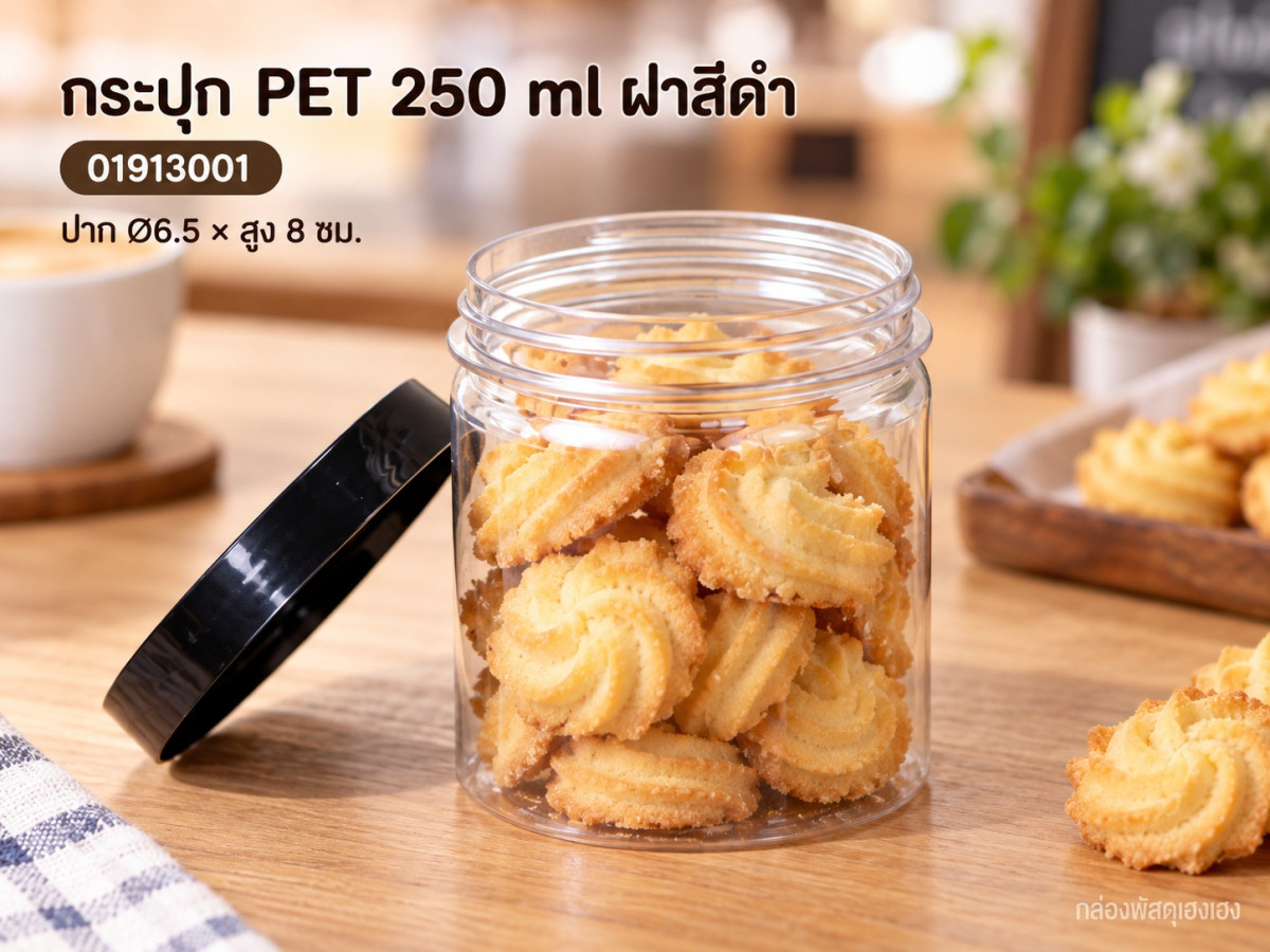 กระปุก PET 250 ml ฝาสีดำ 6.5x6.5x8 ซม.