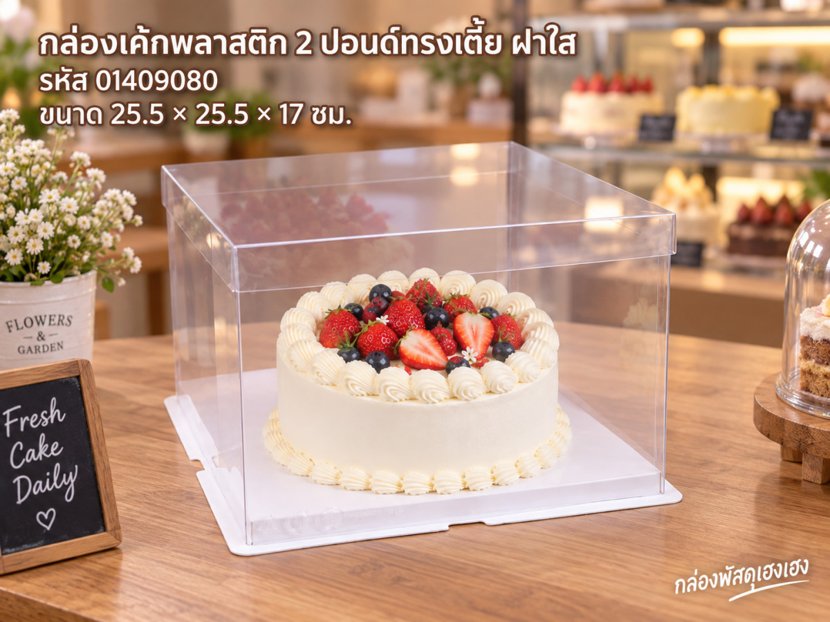 กล่องเค้กพลาสติก 2 ปอนด์ทรงเตี้ย ฝาใส ขนาด 25.5x25.5x17 ซม.
