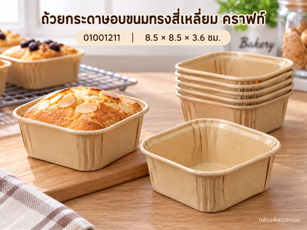 ถ้วยกระดาษอบขนมทรงสี่เหลี่ยม คราฟท์ 8.5x8.5x3.6 ซม.