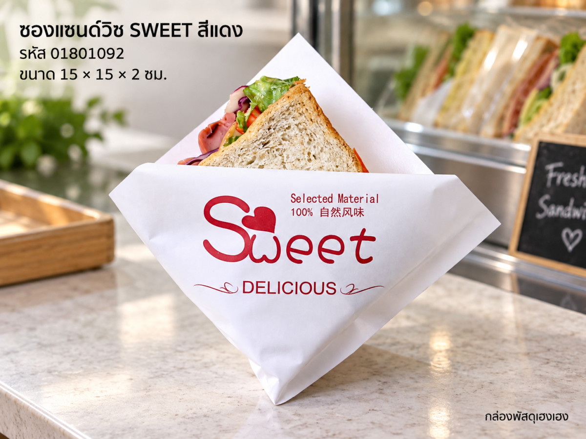 ซองกระดาษแซนด์วิชสีขาว ลาย SWEET (แดง) ขนาด 15x15 ซม. (15x15x2 ซม.)