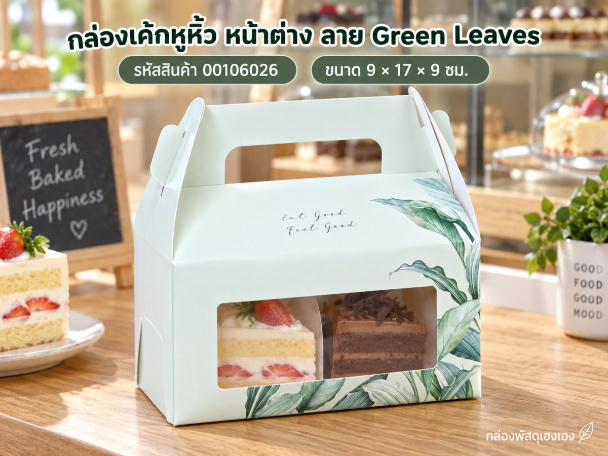 กล่องเค้กหูหิ้ว หน้าต่าง ลาย Green Leaves 9x17x9 ซม.