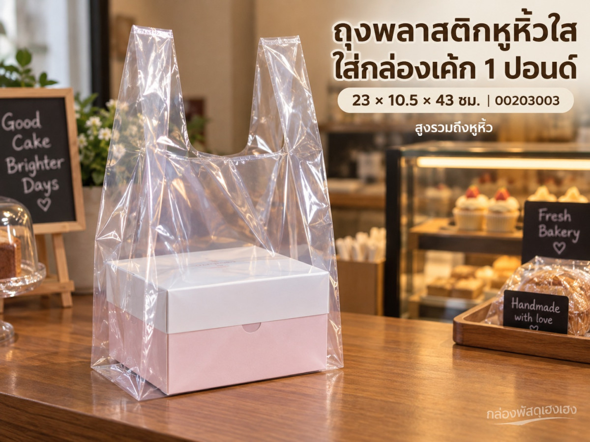 ถุงพลาสติกหูหิ้วใส ใส่กล่องเค้ก 1 ปอนด์ 23x10.5x43 ซม.