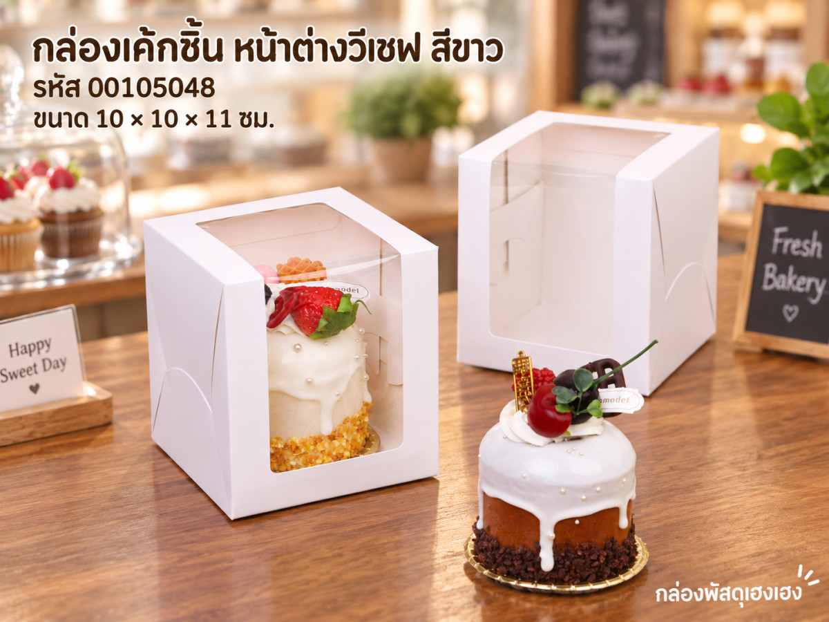 กล่องเค้กชิ้น หน้าต่างวีเชฟ สีขาว 10x10x11ซม.