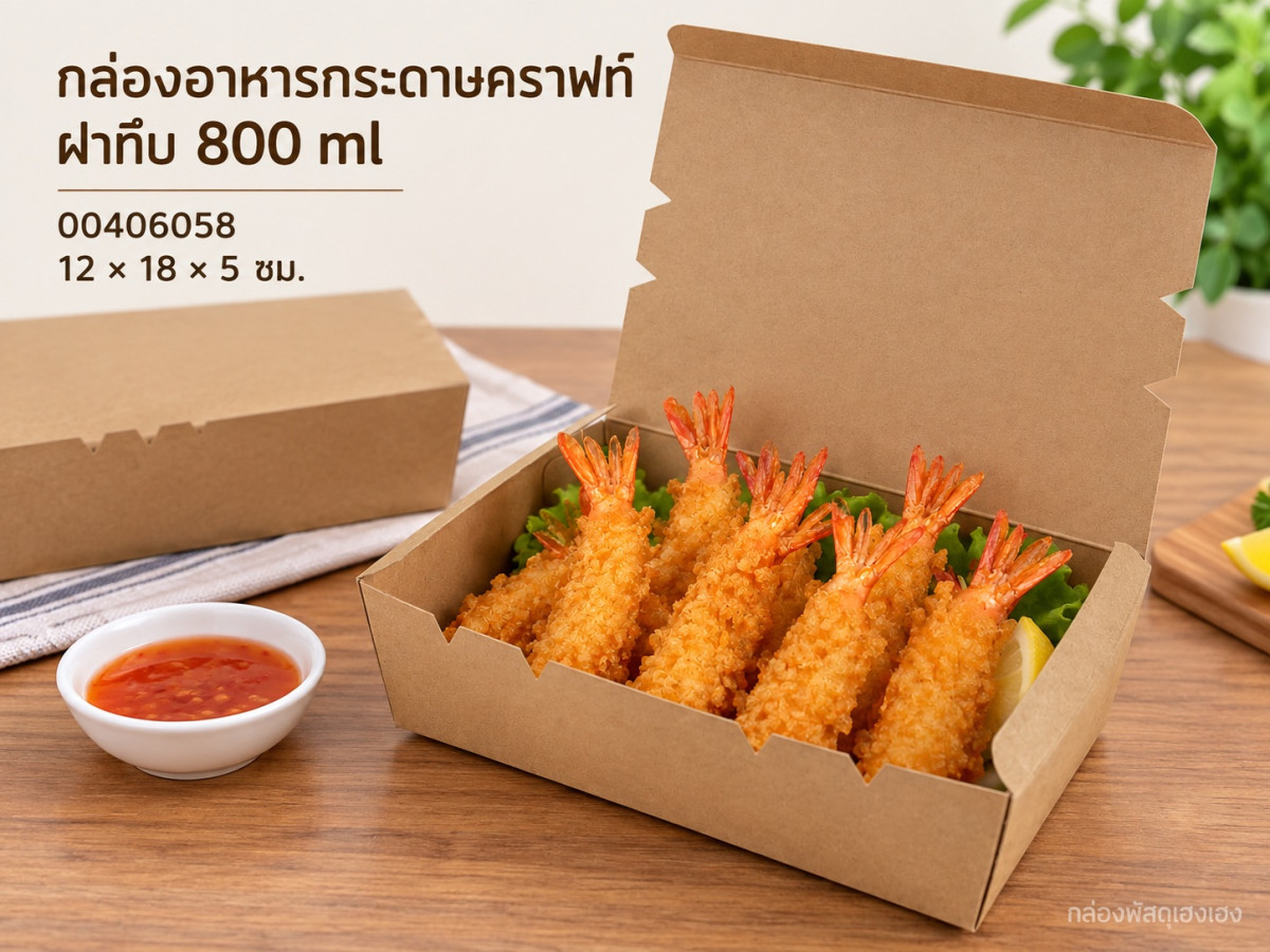 กล่องอาหารกระดาษสีคราฟท์ฝาทึบ ขนาด 800 ml 12x18x5 ซม.