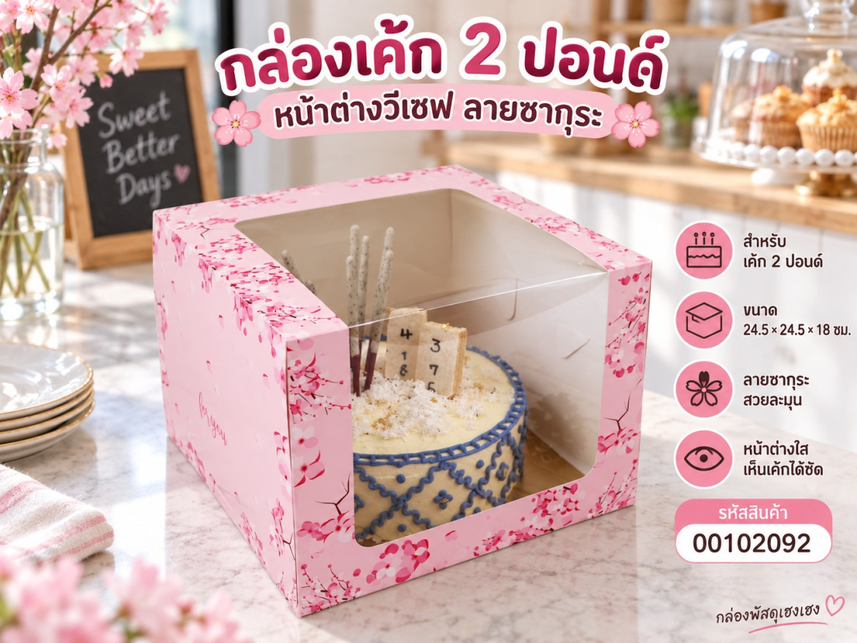 กล่องเค้ก 2 ปอนด์ หน้าต่างวีเชฟ ลายซากุระ 24.5x24.5x18 ซม.
