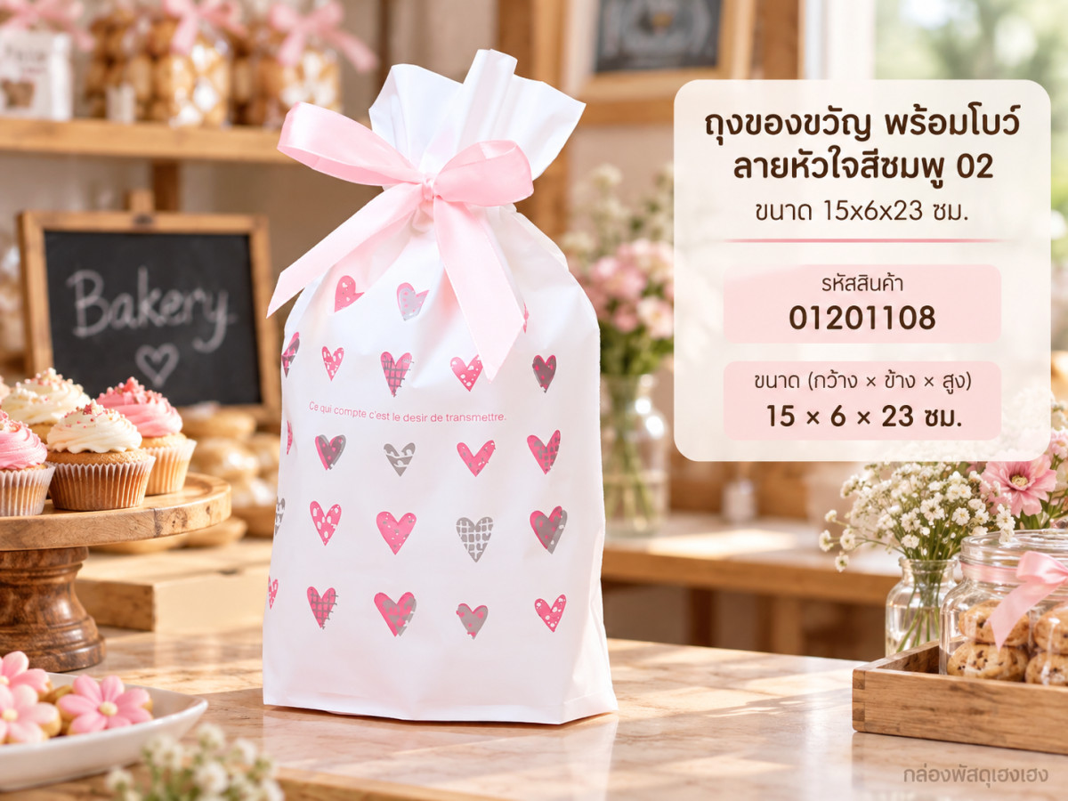 ถุงของขวัญ พร้อมโบว์ ลายหัวใจสีชมพู 02 ขนาด 15x6x23 ซม.
