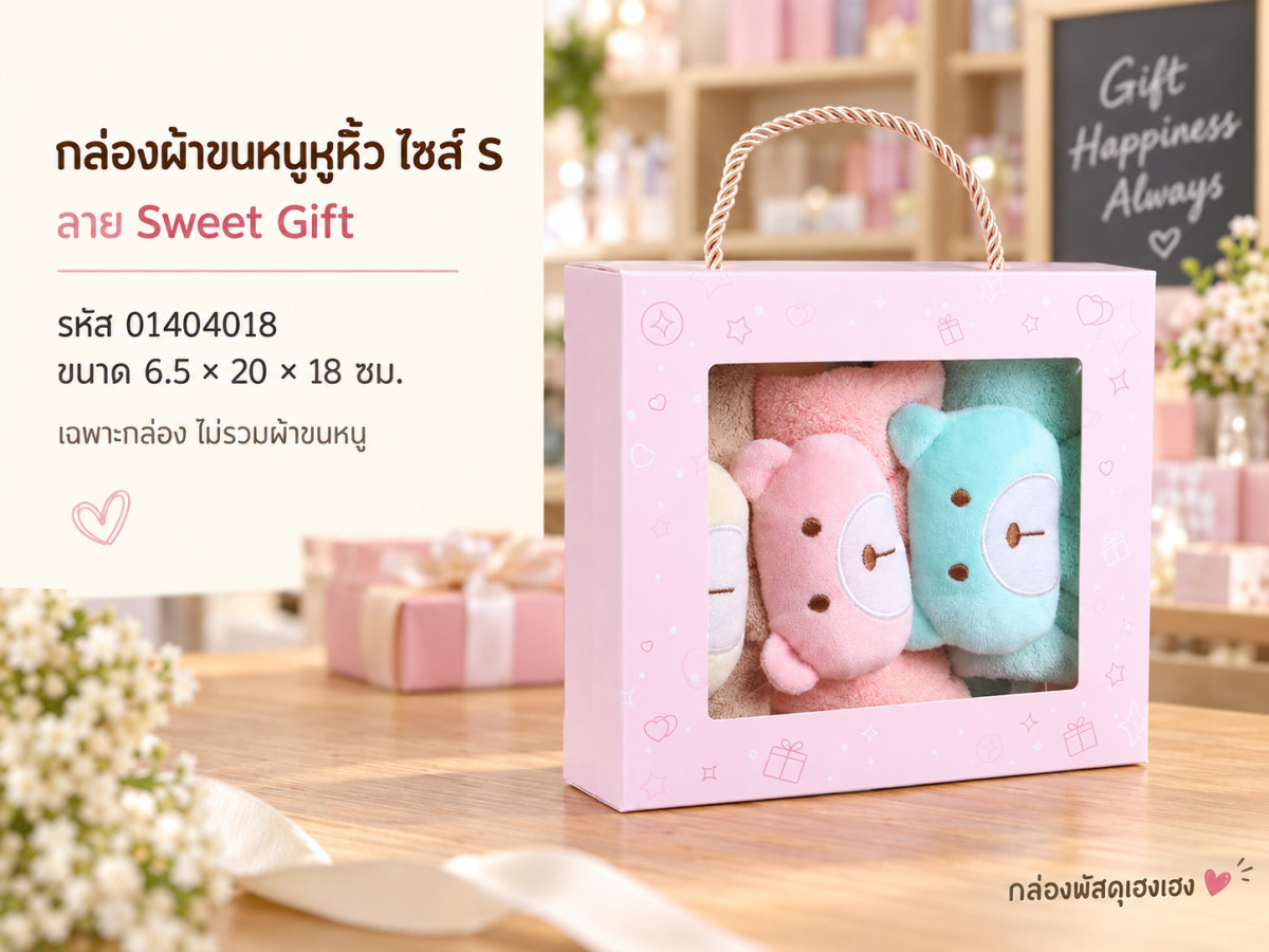 กล่องผ้าขนหนูหูหิ้ว ไซส์ S ลาย Sweet Gift 6.5×20×18 ซม.