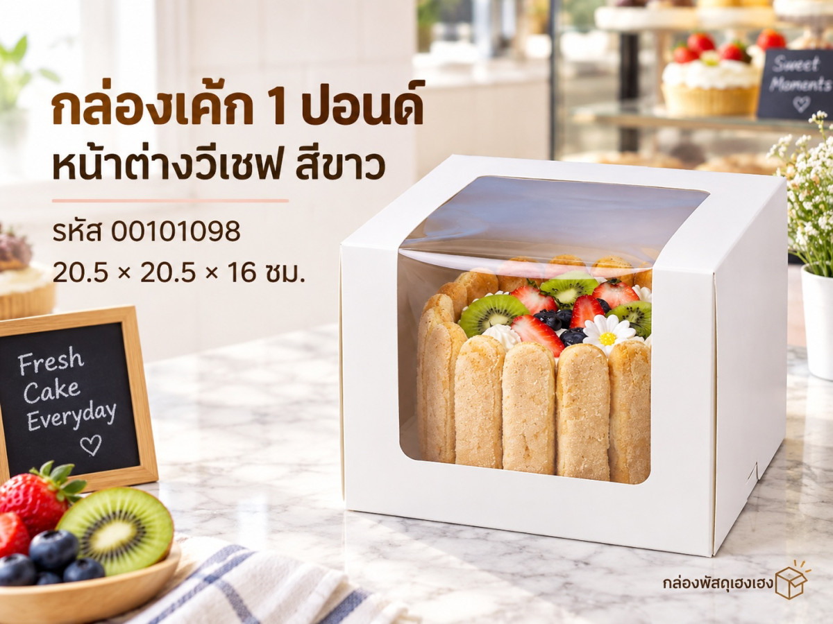 กล่องเค้ก 1 ปอนด์ หน้าต่างวีเชฟ สีขาว 20.5x20.5x16 ซม.