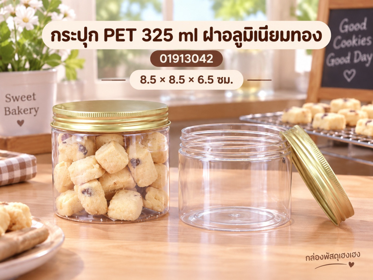 กระปุก PET 325 ml ฝาอลูมิเนียมทอง 8.5x8.5x6.5 ซม.