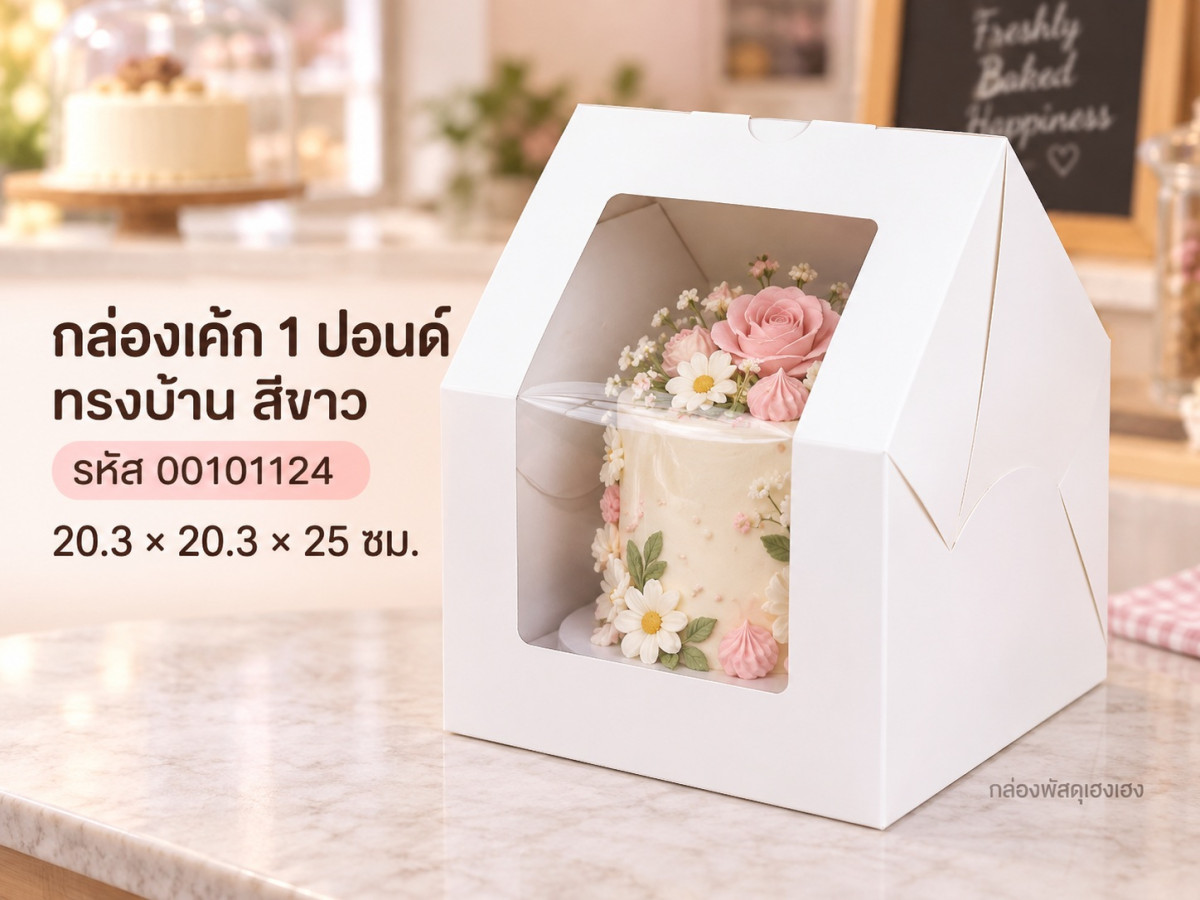 กล่องเค้ก 1 ปอนด์ ทรงบ้าน สีขาว 20.3x20.3x25 ซม.