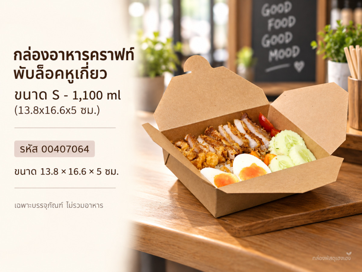 กล่องอาหารคราฟท์พับล็อคหูเกี่ยว ขนาด S - 1,100 ml (13.8x16.6x5 ซม.)