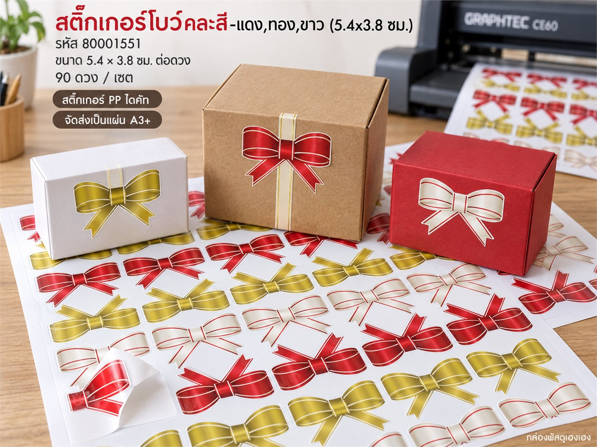 สติกเกอร์โบว์คละสี-แดง,ทอง,ขาว (5.4x3.8 ซม.) 90 ดวง