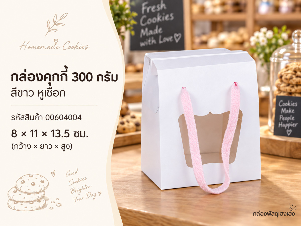 กล่องคุกกี้ 300 กรัม ขาว หูเชือก 8x11x13.5 ซม.