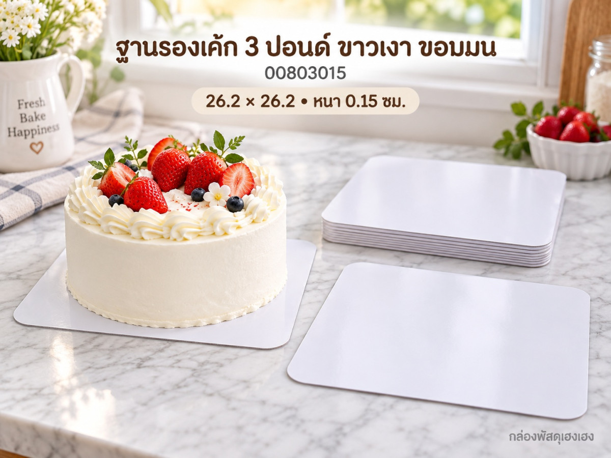 ฐานรองเค้ก 3 ปอนด์ ขาว แบบเงา ขอบมน 26.2x26.2x0.15 ซม.