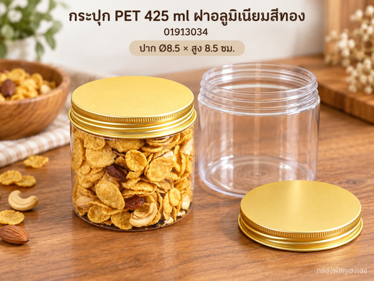 กระปุก PET 425 ml ฝาอลูมิเนียมสีทอง 8.50x8.50x8.50 ซม.