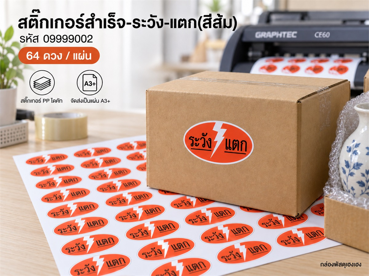 สติ๊กเกอร์สำเร็จ-ระวัง-แตก(สีส้ม)