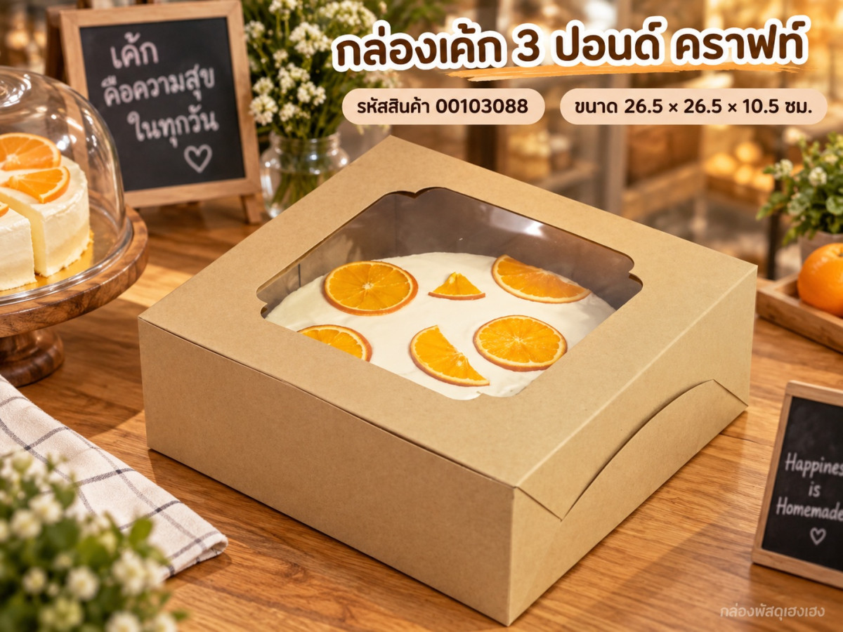 กล่องเค้ก 3 ปอนด์ คราฟท์ 26.5x26.5x10.5 ซม.