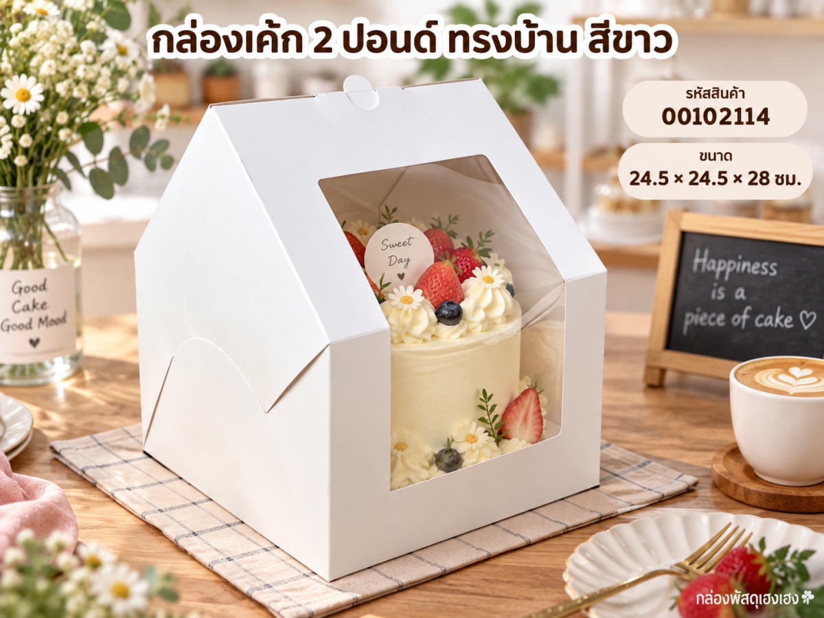 กล่องเค้ก 2 ปอนด์ ทรงบ้าน สีขาว 24.5x24.5x28 ซม.