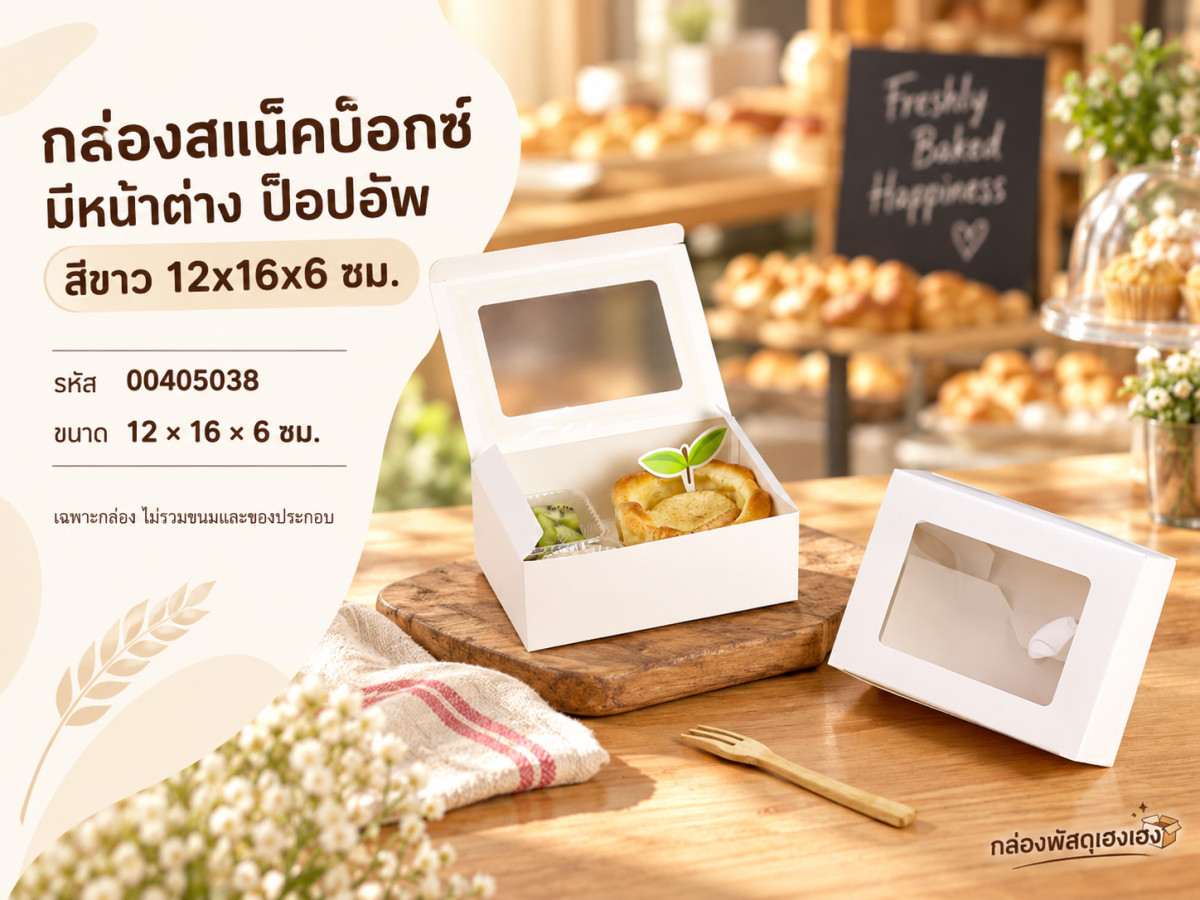 กล่องสแน็คบ็อกซ์ มีหน้าต่าง ป็อปอัพ สีขาว 12x16x6 ซม.