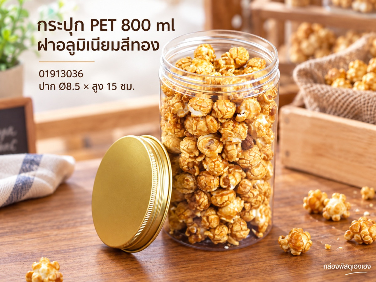 กระปุก PET 800 ml ฝาอลูมิเนียมสีทอง 8.50x8.50x15.00 ซม.
