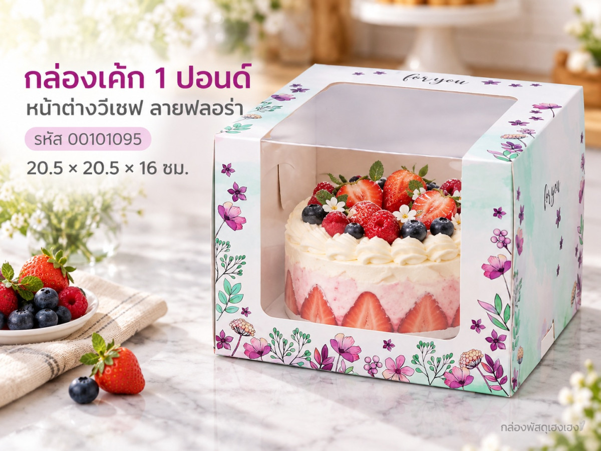 กล่องเค้ก 1 ปอนด์ หน้าต่างวีเชฟ ลายฟลอร่า 20.5x20.5x16 ซม.