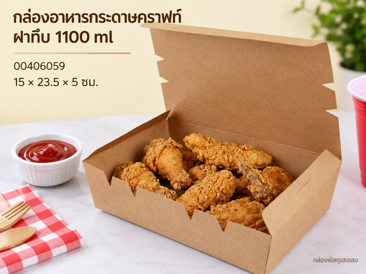 กล่องอาหารกระดาษสีคราฟท์ฝาทึบ ขนาด 1100 ml 15x23.5x5 ซม.
