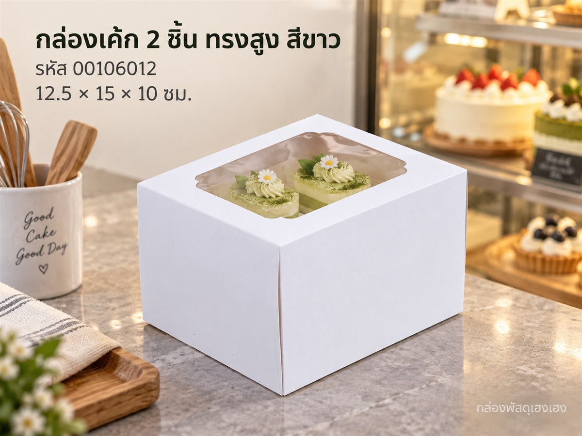 กล่องเค้กสีขาว 2 ชิ้นทรงสูง ขนาด 12.5*15*10 ซม.