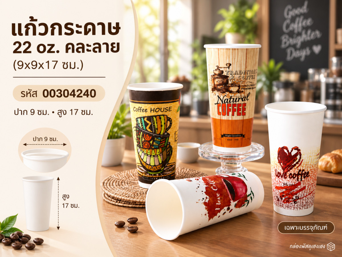 แก้วกระดาษ 22 oz. คละลาย (9x9x17 ซม.)