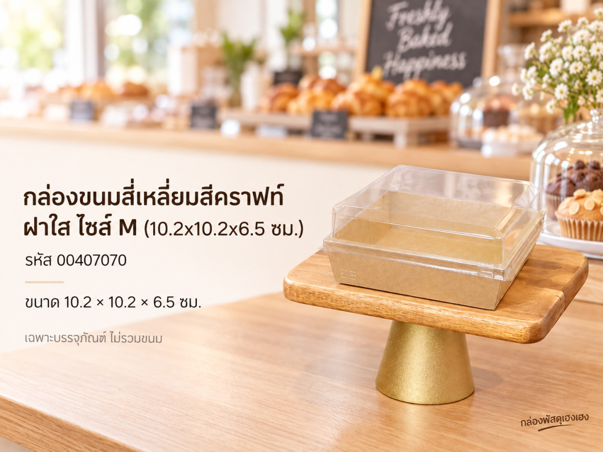 กล่องขนมสี่เหลี่ยมสีคราฟท์ ฝาใส ไซส์ M (10.2x10.2x6.5 ซม.)