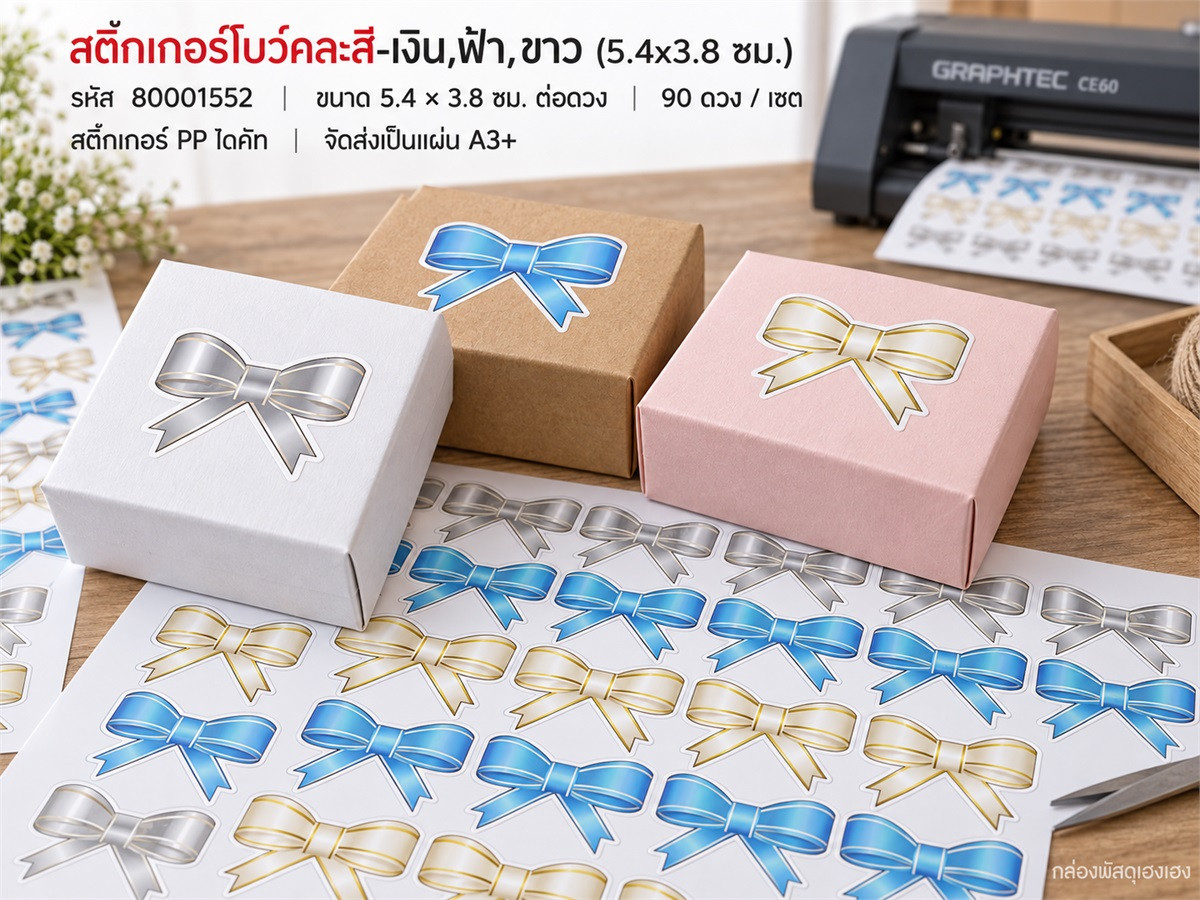 สติกเกอร์โบว์คละสี-เงิน,ฟ้า,ขาว (5.4x3.8 ซม.) 90 ดวง