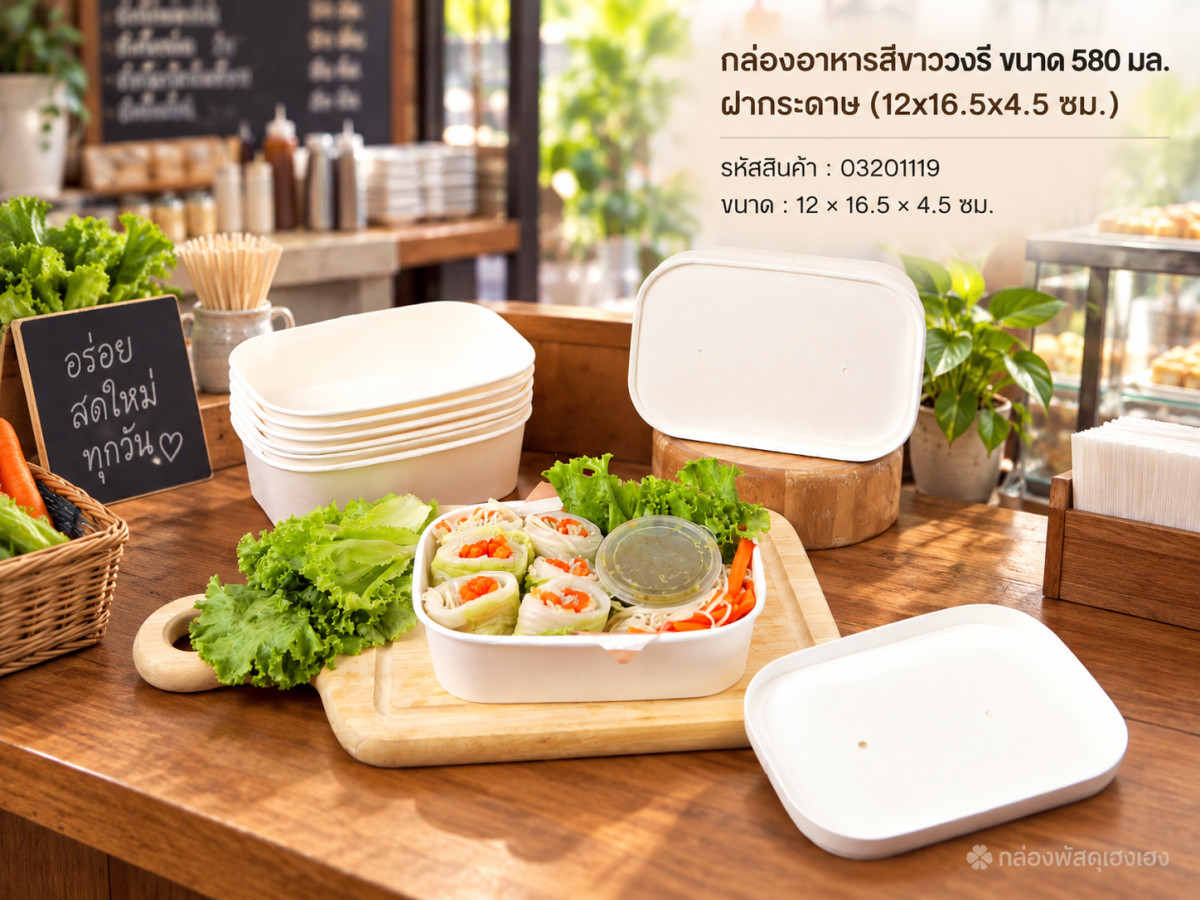 กล่องอาหารสีขาววงรี ขนาด 580 มล. ฝากระดาษ (12x16.5x4.5 ซม.)