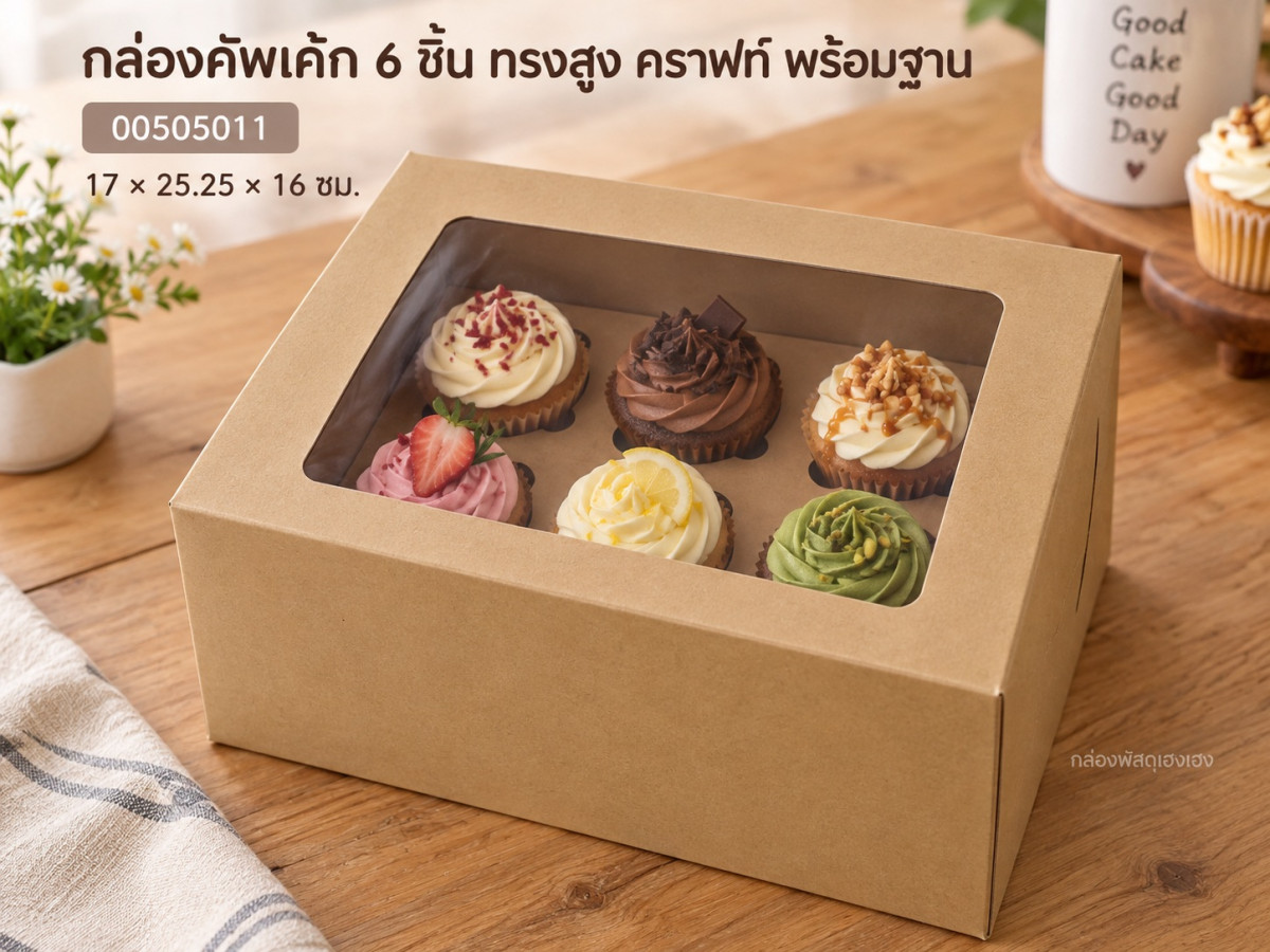 กล่องคัพเค้ก 6 ชิ้น ทรงสูง พร้อมฐาน คราฟท์ 17x25.25x16 ซม.