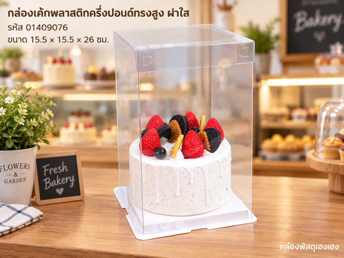 กล่องเค้กพลาสติก ครึ่งปอนด์ทรงสูง ฝาใส ขนาด 15.5x15.5x26 ซม.