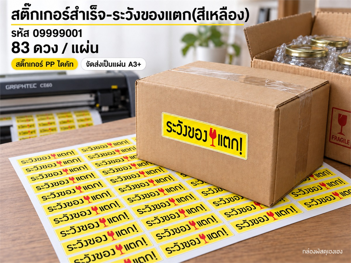 สติ๊กเกอร์สำเร็จ-ระวังของแตก(สีเหลือง)