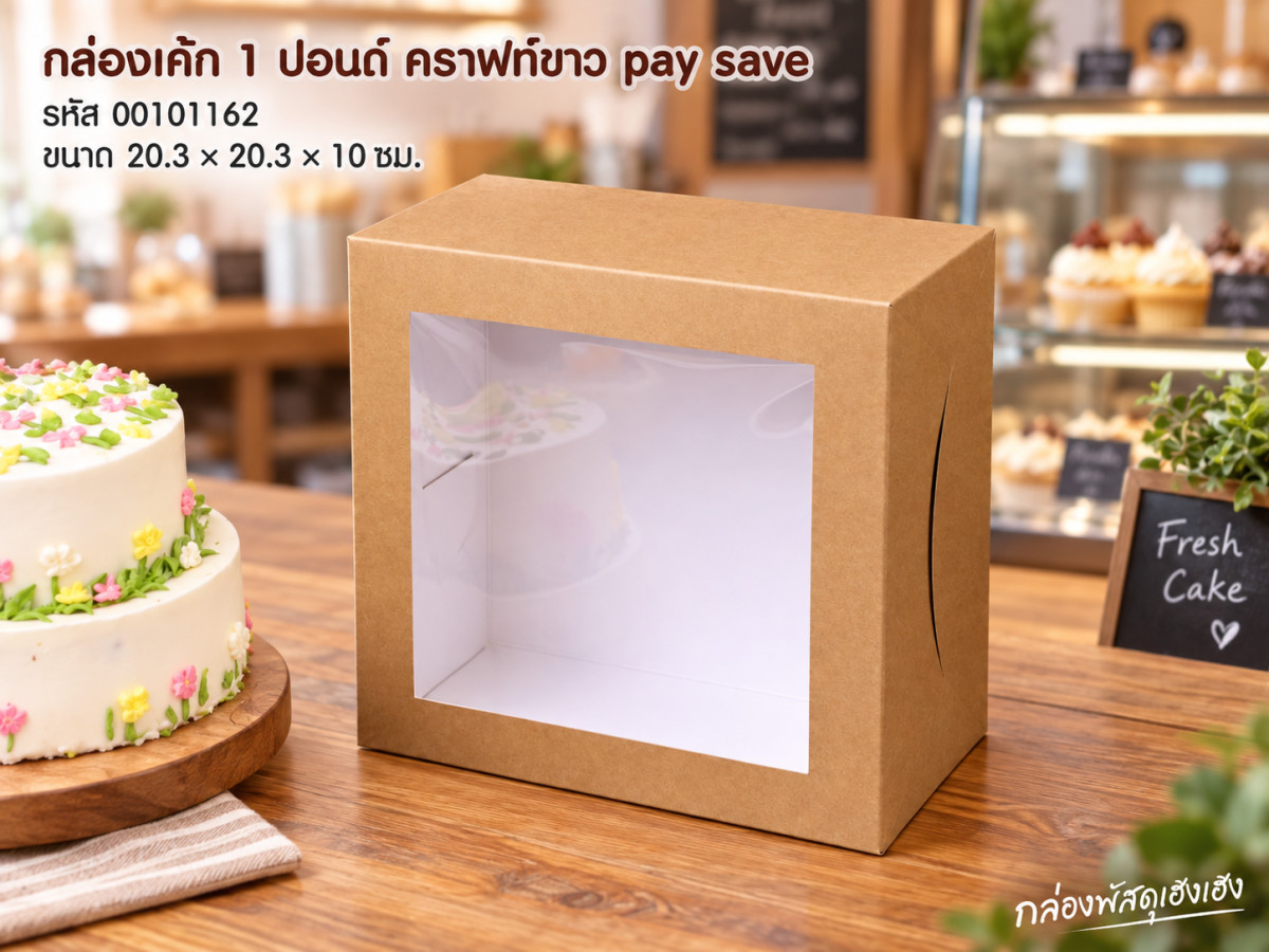 กล่องเค้ก 1 ปอนด์ หน้าต่างสี่เหลี่ยม คราฟท์ขาว pay save (20.3x20.3x10 ซม.)